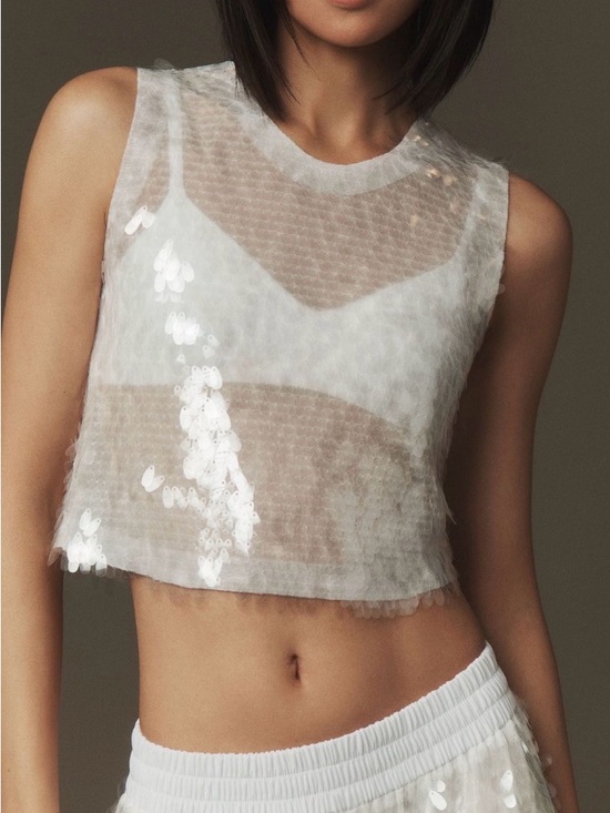 Norma Kamali Tops - Norma Kamali Sleeveless Sequin Cropped Top White